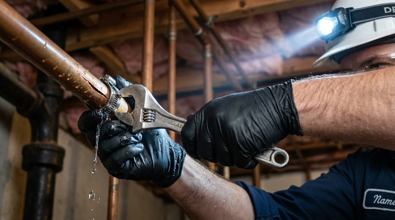 Emergency pipe clamp repair being performed by a Johns Plumbing LLC plumber in Cherry Valley
