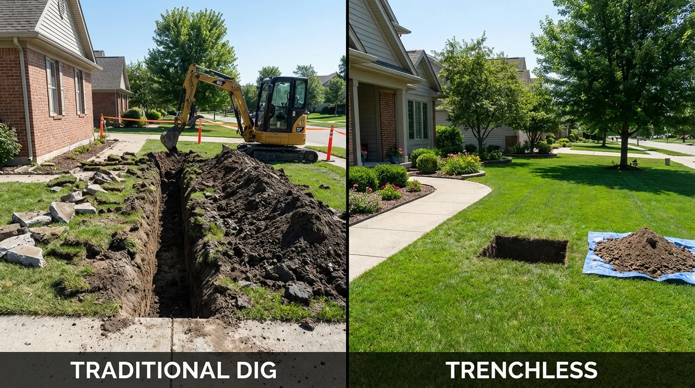 Trenchless sewer repair with minimal yard damage versus traditional excavation in Cherry Valley, IL